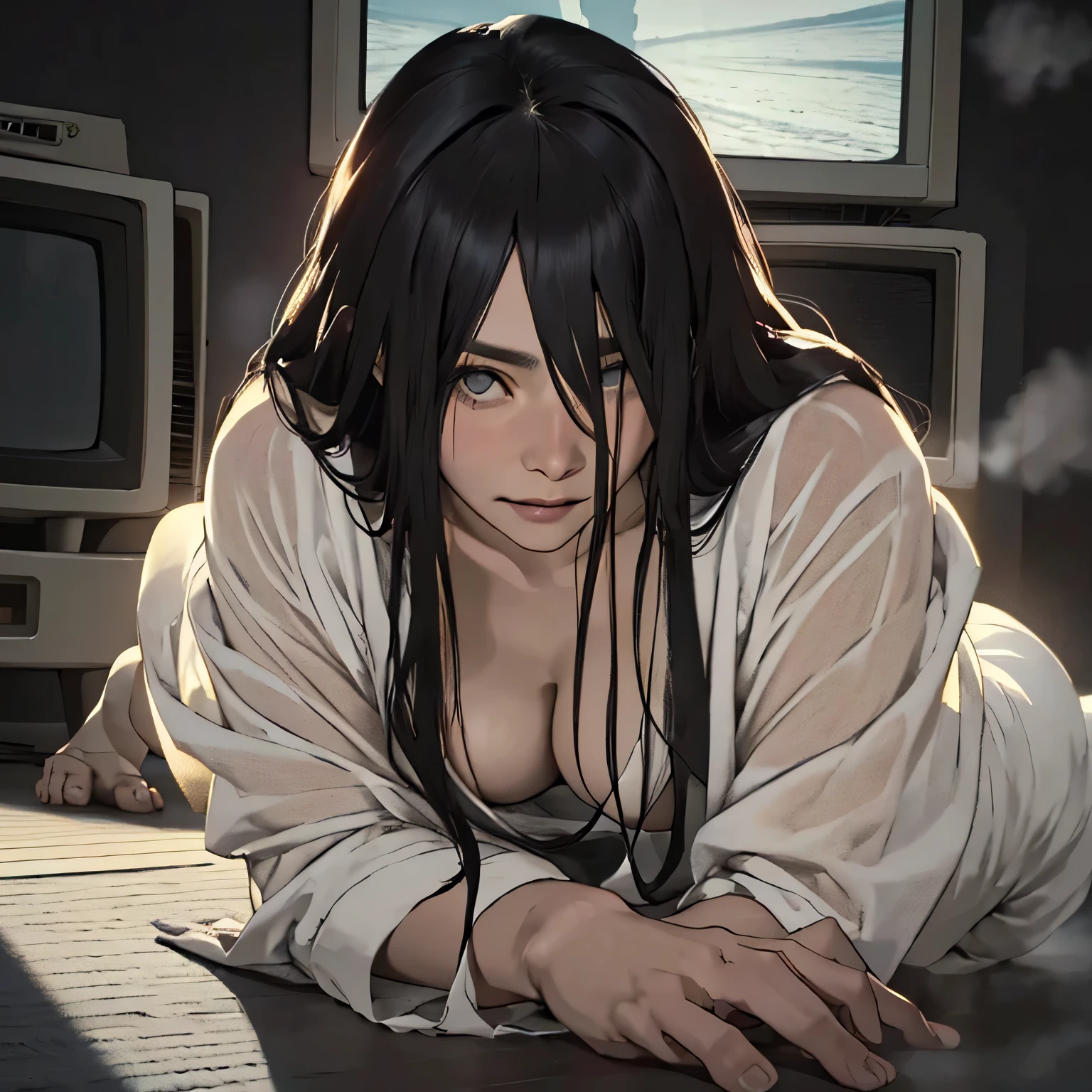 (masterpiece:1.3), (8k, Realistic, RAW Photos, highest quality: 1.4), (1 Japanese adult woman), ((Sadako)), Beautiful Face, (Realistic Face), (Black hair straight, Long Hair:1.5), Beautiful hairstyle, ((The face is hidden by bangs:1.4)), Realistic eyes, ((White of the eyes:1.2)), Beautiful fine details, (Realistic Skin), Beautiful Skin, ((White skin:1.4)), Absurd, Charm, Ultra-high resolution, Ultra-realistic, Very detailed, Golden Ratio, (Curse Video), ((Crawling out of a CRT TV)), (Cleavage), Four and a half tatami mat Japanese-style room, (steam:1.0)
