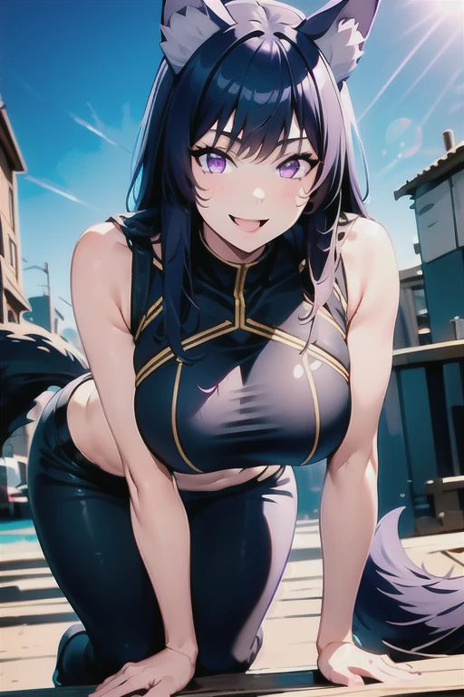 best quality, masterprice, 1girl, (solo:1.1), raytracing, ultra detailed,detailed face, 8k wallpaper, large breasts, smile, wide hips, outdoor, sitting,  DeltaNDV, long hair, animal ears, purple eyes, bangs, wolf ears, looking at viewer, wolf tail, tight clothes, bent over, crop top, leggings, thick legs, crazy smile, crazy eyes, turning her ass, seductive pose, musculed belly,