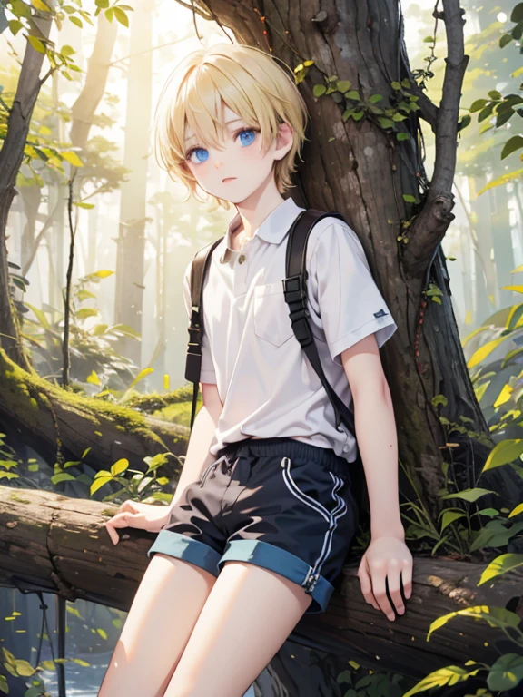 masterpiece, highest quality, Very detailed, 16k, Ultra-high resolution, One ***************, Detailed face, blue eyes, Blonde, Smooth Hair, Dark blue shorts, in the forest, Tree climbing