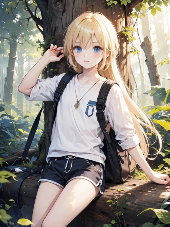 masterpiece, highest quality, Very detailed, 16k, Ultra-high resolution, One 12-year-old boy, Detailed face, blue eyes, Blonde, Smooth Hair, Dark blue shorts, in the forest, Tree climbing