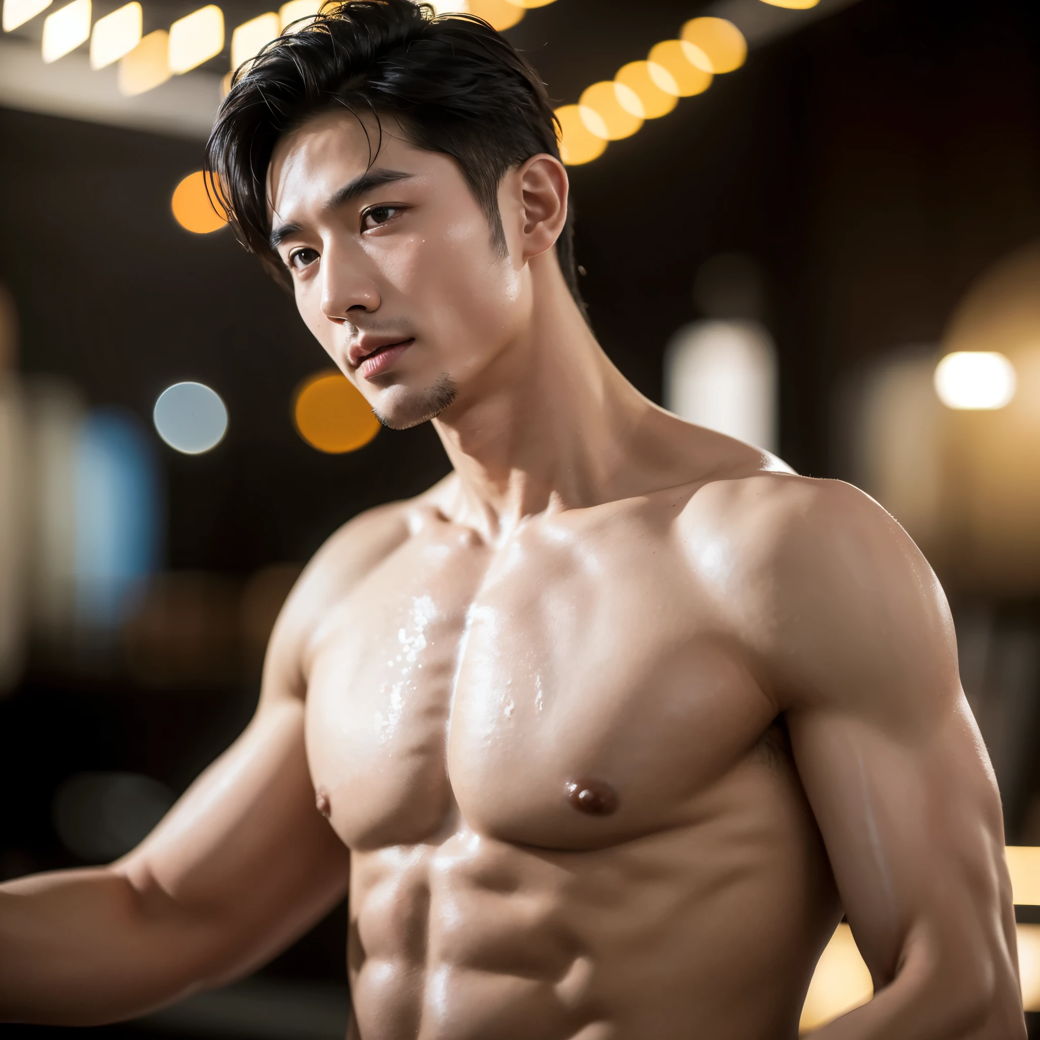 (highest quality, Realistic:1.37), High resolution, Studio Lighting, Very detailed, Professional, Vibrant colors, Bokeh, Portraiture, Japanese Male, expensive, good looking, Black Hair, Age 25, White skin, Muscular, Six Pack, charm, Physical ability, Sweating profusely