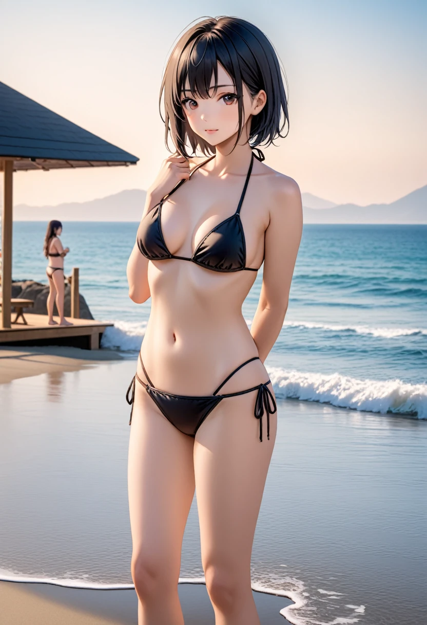 beach、A Japanese girl with long black hair、String Bikini、Are standing