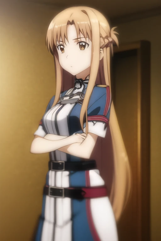Asuna, Anime art style, One girl, alone, length_hair, skirt, Brown_hair, Brown_eye, very_length_hair, belt, Crossed_arms