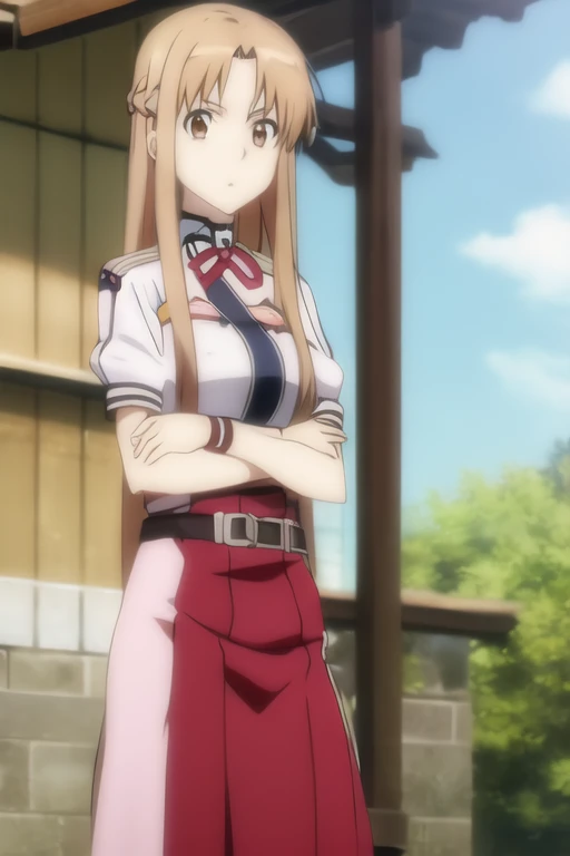 Asuna, Anime art style, One girl, alone, length_hair, skirt, Brown_hair, Brown_eye, very_length_hair, belt, Crossed_arms