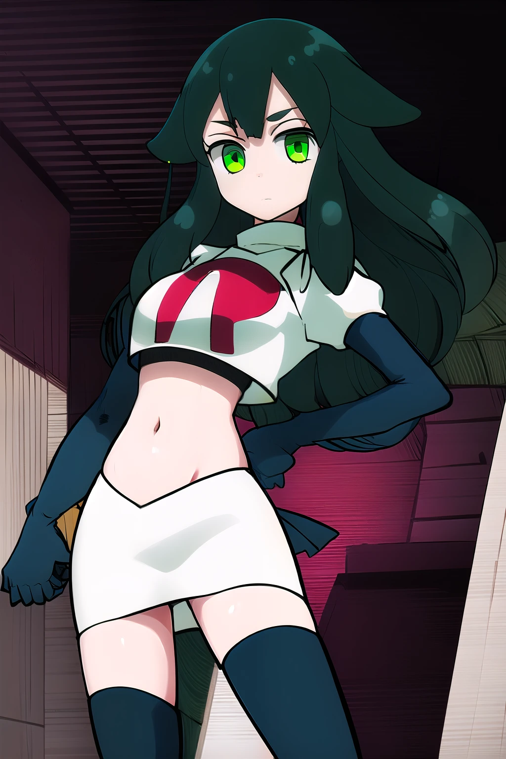 masterpiece, highly detailed, 1girl, utsutsu, green hair, green eyes, bow, team rocket,team rocket uniform,white skirt,red letter R,crop top,black thigh-highs,black elbow gloves