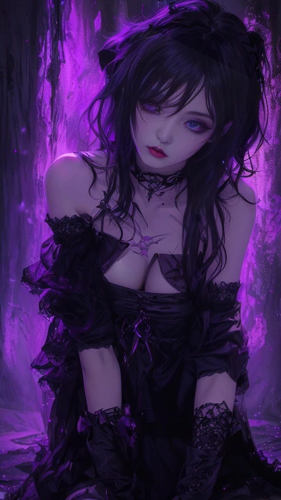 gothic girl with purple lights in a dark room, gothic maiden anime girl, dark fantasy style art, dreamy gothic girl, demon anime girl, gothic girl, 1 7 - year - old anime goth girl, goth girl, dark fantasy digital art, emo anime girl, dark fantasy art, fantasy dark art, artwork in the style of guweiz