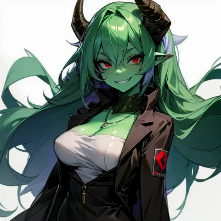 Masterpiece, best quality, expressive eyes, perfect face, 1girl, solo, colored skin, horns, long hair, green skin, breasts, monster girl, mafia suit, laboratory coat, necklace, scarf, red eyes, evil grin, watch, medium breasts, scars, smile 