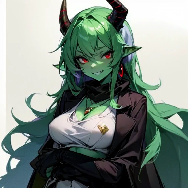 Masterpiece, best quality, expressive eyes, perfect face, 1girl, solo, colored skin, horns, long hair, green skin, breasts, monster girl, mafia suit, laboratory coat, necklace, scarf, red eyes, evil grin, watch, medium breasts, scars, smile