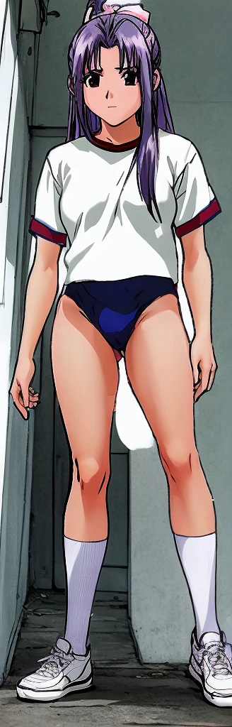 Momoko Koigakubo, a tall girl with beautiful legs, is wearing white gym clothes and light-colored navy blue bloomers that look like panties, and is standing diagonally with her legs spread to the sides.。The face is downcast。