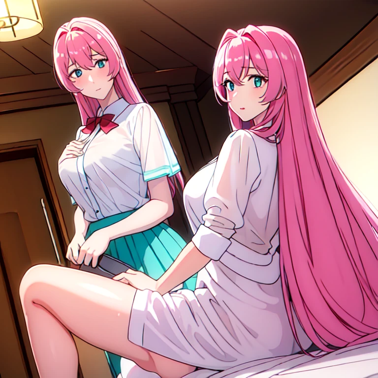 ((Top Quality、16K、masterpiece:1.3))、a tall and beautiful woman、Perfect Figure:1.4、(dream aesthetic) Slim Abs, young natural girl (otome dori) solo, long and voluminous pale-pink hair 、messy hairstyle (with hair bangs), turquoise-blue eyes, pale-white skin (highlighted, realistic shading)、natural bust、Highly detailed facial and skin texture、(A detailed eye, Symmetry Eyes, Clear realistic eyes, Double eyelidd、Cold-stricken face、Symmetrical face), very realistic skin, goth makeup, Royal sisters full of fans、The Telegraph Esbian、peach buttocks, white shirt (wet), miniskirt, black tights, cleavage, squart、(Raw foto:1.2)、((Photorealcitic:1.4))Top Quality、masterpiece、Real Photography、very delicate and beautiful.、super detailed CG、Unity、8K photo wallpaper、delicate detail、best qualtiy、Highly detailed CG unity 16k wallpaper、absurderes、Incredibly Absurd、huge file size、extremely highly detailed、Hight Resolution、ighly Details、Beautiful detail girl、extremely beautiful eyes and face, cute eyes look、Facial light、cinematic lightings, (realistic pantyhose) 1girll、see -through, inside house (bedroom) 、ulzzang-6500、The Telegraph Esbian, different poses at different angles,