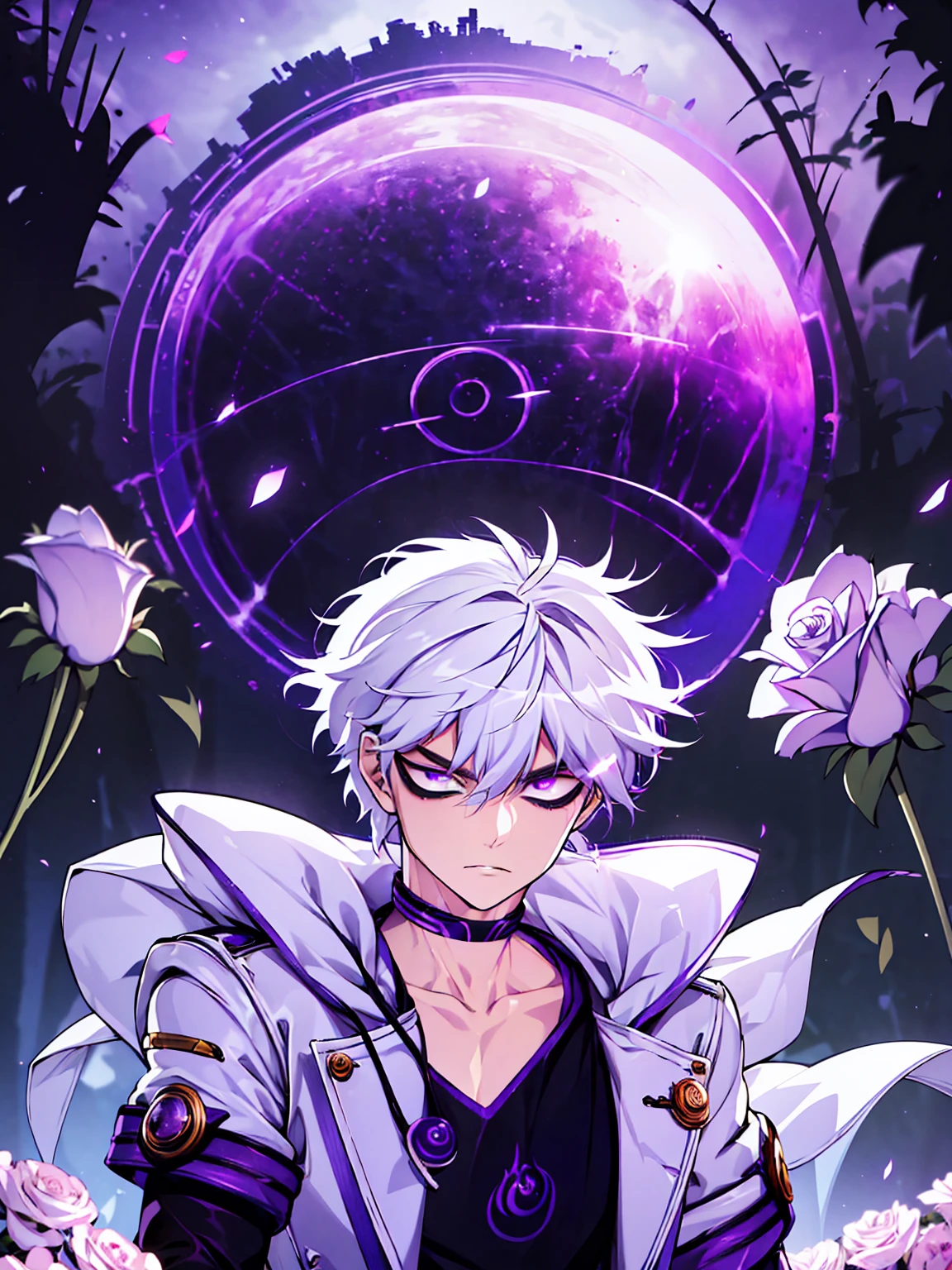 (absurdres, highres, ultra detailed, HDR), masterpiece, best quality, Add, 1man, solo, handsome, white hair, vibrant purple eyes, finely eye and detailed face, garden, purple roses, moon