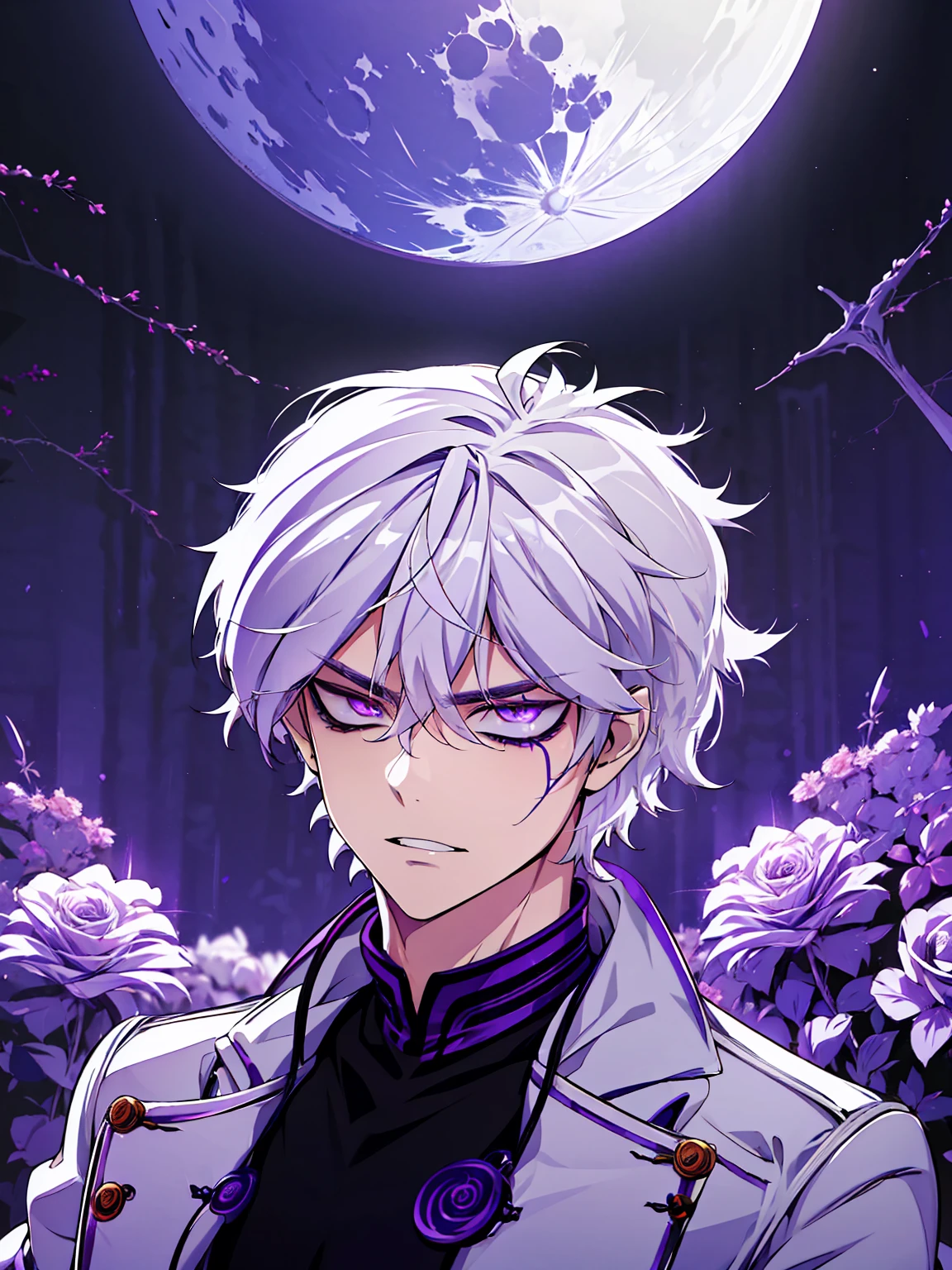 (absurdres, highres, ultra detailed, HDR), masterpiece, best quality, Add, 1man, solo, handsome, white hair, vibrant purple eyes, finely eye and detailed face, garden, purple roses, moon