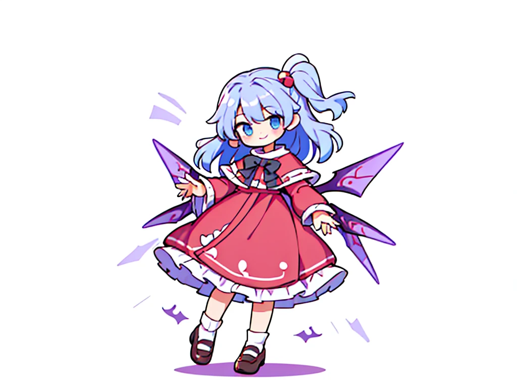 a digital drawing of a fairy looking girl wearing a pink dress with blue hair, masterpiece, best quality, shinki (touhou), 1girl, solo, 10 years old, one side up, hair ornament, hair bobbles, long hair, side ponytail, blue hair, blue eyes, smile, bangs, red dress, pink sweater, Turtleneck Sweater, long sleeves, capelet, long maxi-skirt, very long skirt, wrap skirt, loafers, wings, multiple wings, purple wings, six purple wings red markings, white hair, long white hair, and wears red robes, Shinki \(touhou\), black bowtie, looking at viewer, white background, simple background