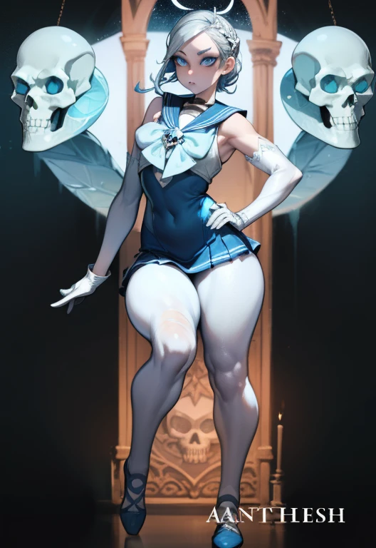 ((best quality)), ((official art)), ((masterpiece)), textile shading, ((ultra-detailed)), solo, full color, (1girl, solo, bssmsuperoutfit, circlet, white leotard,,blue sailor collar, sleeveless, heart brooch, miniskirt, white gloves, hairstyle, hairlength , detailed face, (full body:1.1)), (in nature) (best quality, highres, ice skull:1.1), ice skull, girl style, thick body art, detailed facial features, icy blue eyes, glossy lips, long eyelashes, porcelain skin, blue and silver color scheme, intricate skull design, realistic texture, vibrant colors, elaborate background, mysterious atmosphere, frozen garden, snow-covered trees, sparkling ice crystals, surreal lighting, fantasy elements
