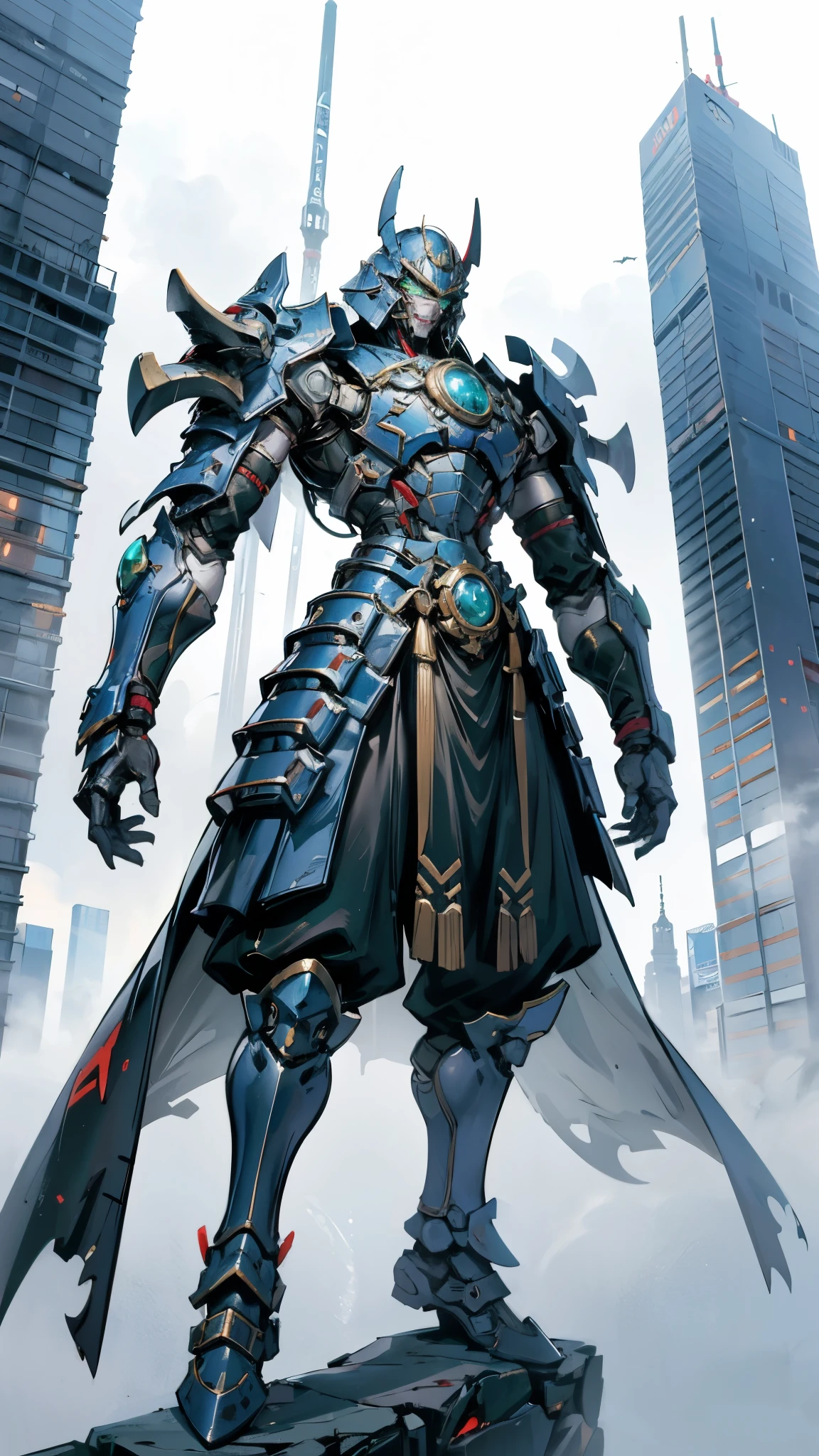 A man wearing a full-face helmet, a fantasy-style biotech armored combat suit, green eyes, (a composite layered chest armor), fully enclosed shoulder guards, matching arm and leg guards, the belt is adorned with fangs biting into orbs, (the color scheme is primarily black with red accents), the design balances heavy with agility, a high-tech bio-mecha armor, (Bat concept Armor, stand on the top of a skyscraper in a futuristic sci-fi city), this character embodies a finely crafted fantasy-surreal style armored hero in anime style, exquisite and mature manga art style, (element, plasma, energy, the armor glows), ((male:1.5)), metallic, real texture material, dramatic, high definition, best quality, highres, ultra-detailed, ultra-fine painting, extremely delicate, professional, perfect body proportions, golden ratio, anatomically correct, symmetrical face, extremely detailed eyes and face, high quality eyes, creativity, RAW photo, UHD, 32k, Natural light, cinematic lighting, masterpiece-anatomy-perfect, masterpiece:1.5