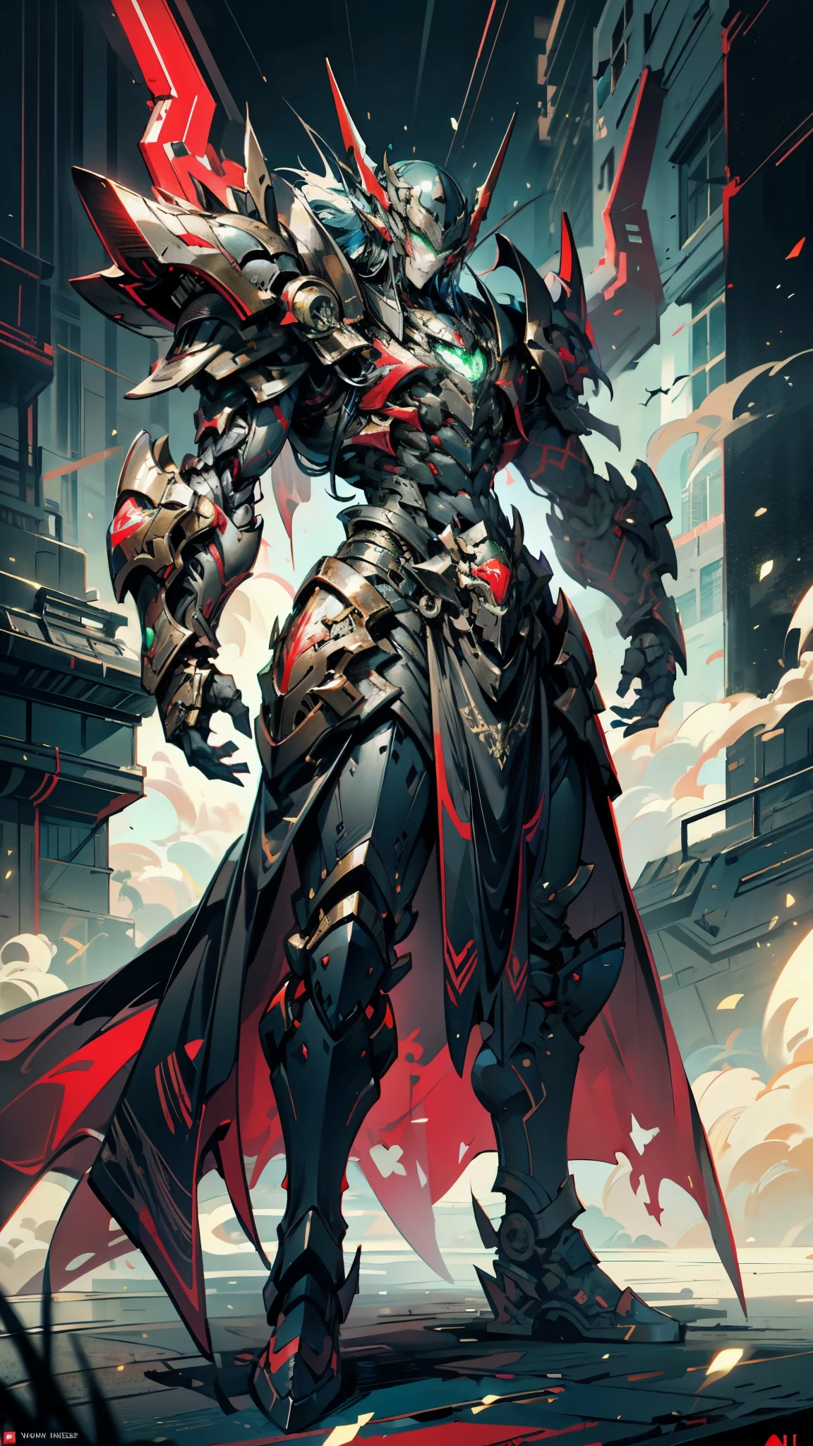 A man wearing a full-face helmet, a fantasy-style biotech armored combat suit, green eyes, (a composite layered chest armor), fully enclosed shoulder guards, matching arm and leg guards, the belt is adorned with fangs biting into orbs, (the color scheme is primarily black with red accents), the design balances heavy with agility, a high-tech bio-mecha armor, (Bat concept Armor, stand on the top of a skyscraper in a futuristic sci-fi city), this character embodies a finely crafted fantasy-surreal style armored hero in anime style, exquisite and mature manga art style, (element, plasma, energy, the armor glows), ((male:1.5)), metallic, real texture material, dramatic, high definition, best quality, highres, ultra-detailed, ultra-fine painting, extremely delicate, professional, perfect body proportions, golden ratio, anatomically correct, symmetrical face, extremely detailed eyes and face, high quality eyes, creativity, RAW photo, UHD, 32k, Natural light, cinematic lighting, masterpiece-anatomy-perfect, masterpiece:1.5