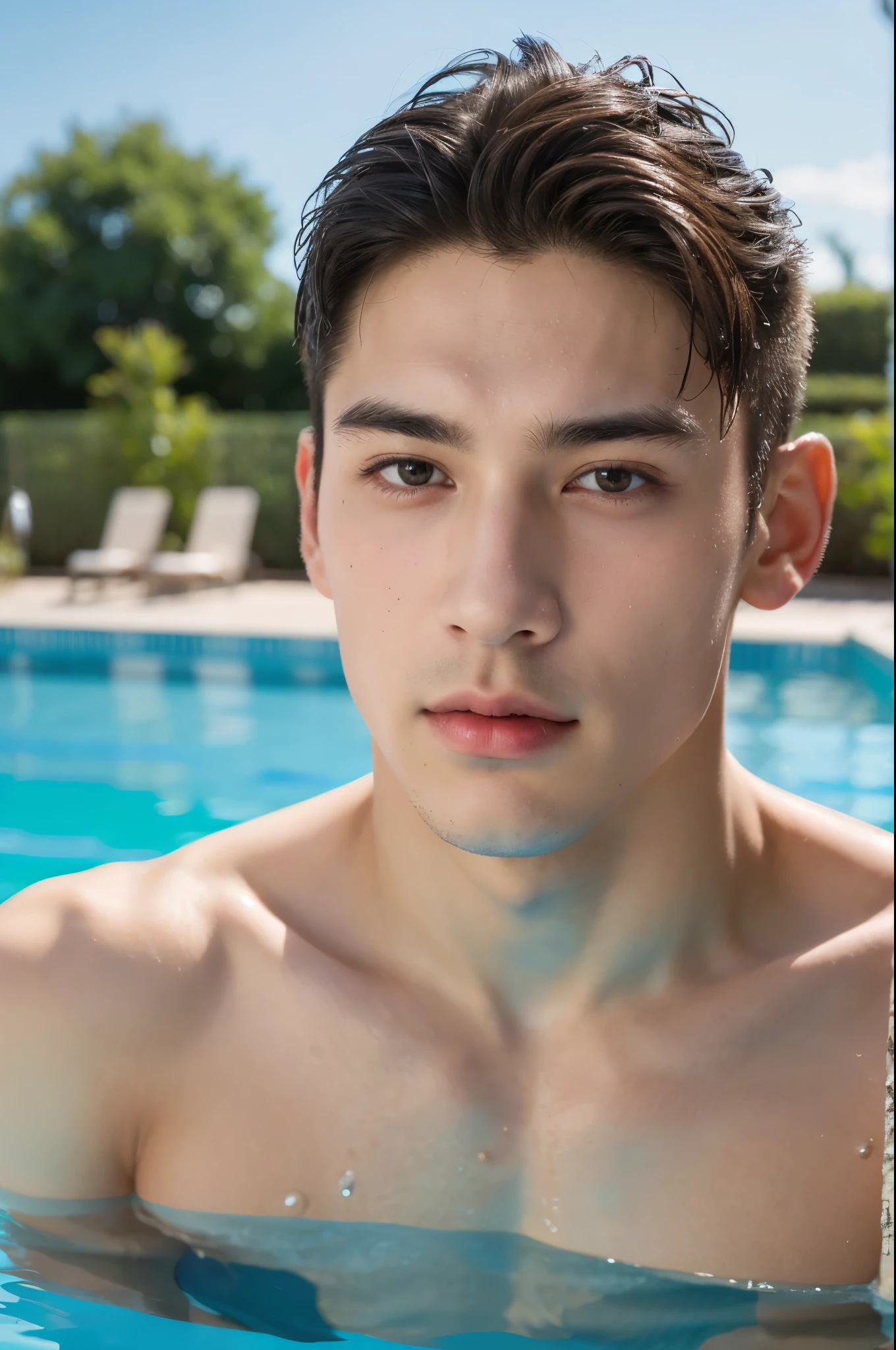 Portrait of a muscular boy, mature,swimming pool,18-year-old boy,Wet,masterpiece