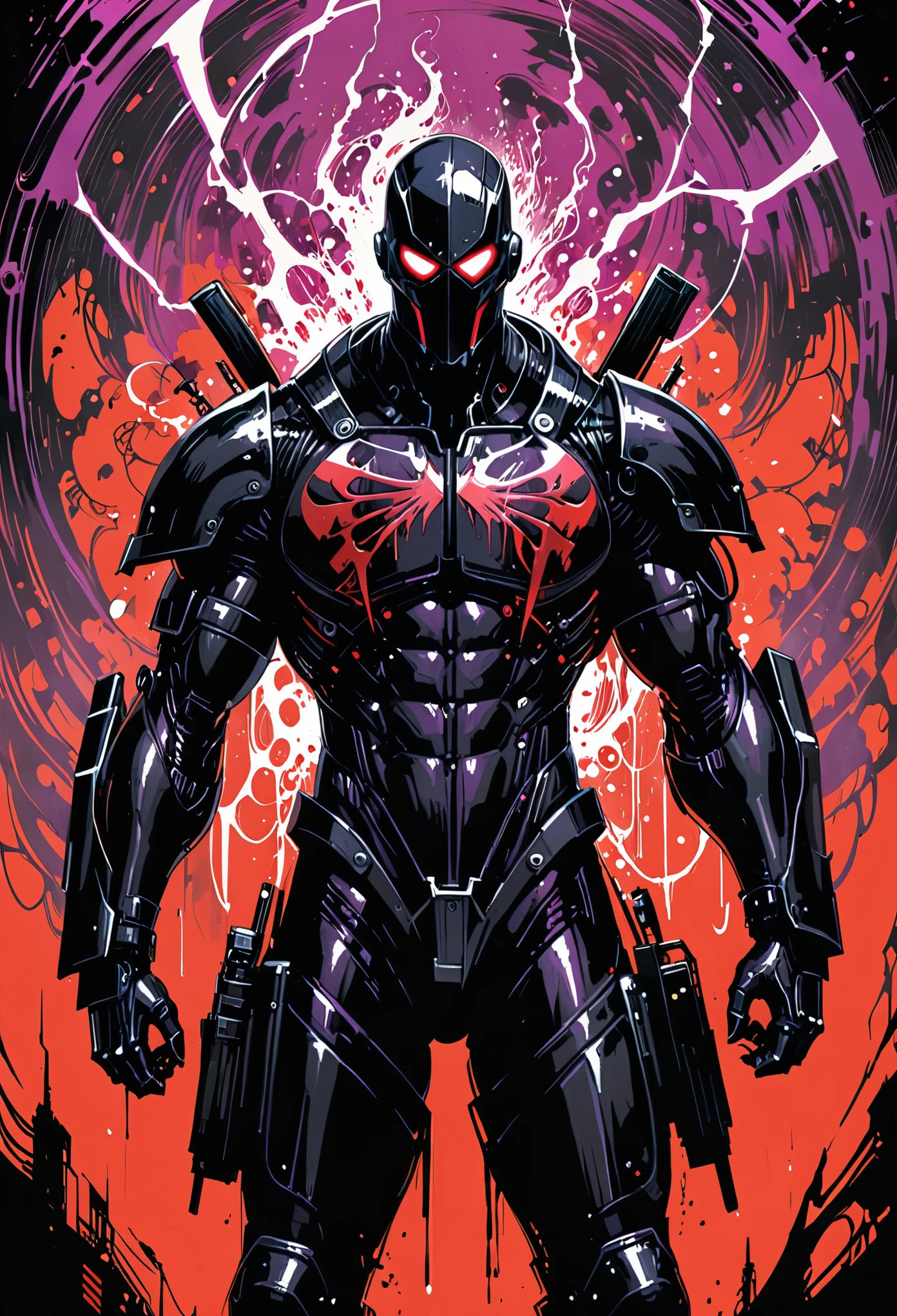 in style of Francesco Francavilla,in style of Ashley Wood,1boy,role conception,terror blood,((death sign)),very detailed,more details,smooth and smooth strokes,shiny black|light red|dark purple Mandelbrot bodysuit armor,Portable heavy weapons,((muscular)),Miracle celestial body,Cyberpunk art style