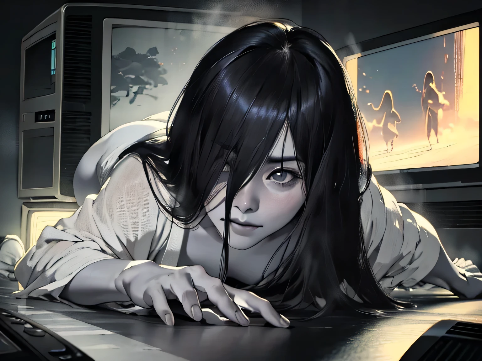 (masterpiece:1.3), (8k, Realistic, RAW Photos, highest quality: 1.4), (1 Japanese adult woman), ((Sadako)), Beautiful Face, (Realistic Face), (Black hair straight, Long Hair:1.5), Beautiful hairstyle, ((The face is hidden by bangs:1.4)), Realistic eyes, ((White of the eyes:1.2)), Beautiful fine details, (Realistic Skin), Beautiful Skin, ((Pale skin:1.4)), Absurd, Charm, Ultra-high resolution, Ultra-realistic, Very detailed, Golden Ratio, (Curse Video), ((Crawling out of a CRT TV)), A dark four-and-a-half-tatami Japanese-style room, (steam:1.1), Cleavage, Big Ass