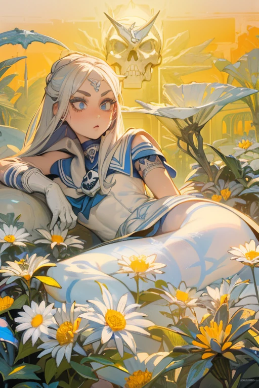 ((best quality)), ((official art)), ((masterpiece)), textile shading, ((ultra-detailed)), solo, full color, (1girl, solo, bssmsuperoutfit, circlet, white leotard,,blue sailor collar, sleeveless, heart brooch, miniskirt, white gloves, hairstyle, hairlength , detailed face, (full body:1.1)), (in nature) (best quality, highres, ice skull:1.1), ice skull, girl style, thick body art, detailed facial features, icy blue eyes, glossy lips, long eyelashes, porcelain skin, blue and silver color scheme, intricate skull design, realistic texture, vibrant colors, elaborate background, mysterious atmosphere, frozen garden, snow-covered trees, sparkling ice crystals, surreal lighting, fantasy elements