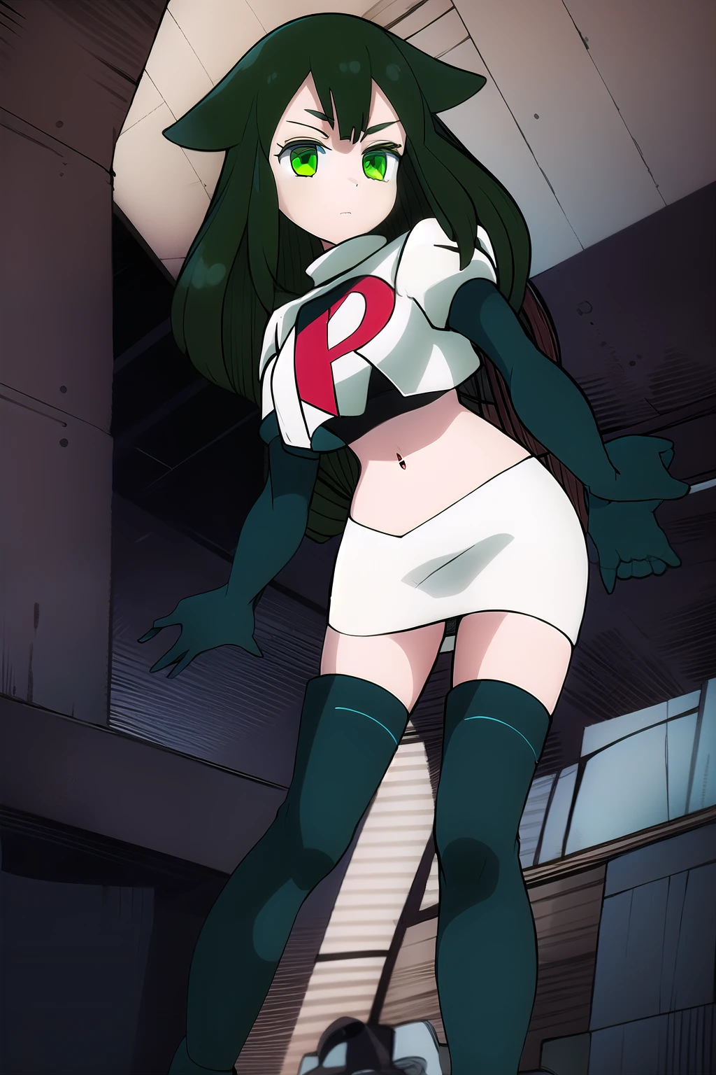 masterpiece, highly detailed, 1girl, utsutsu, green hair, green eyes, team rocket,team rocket uniform,white skirt,red letter R,crop top,black thigh-highs,black elbow gloves