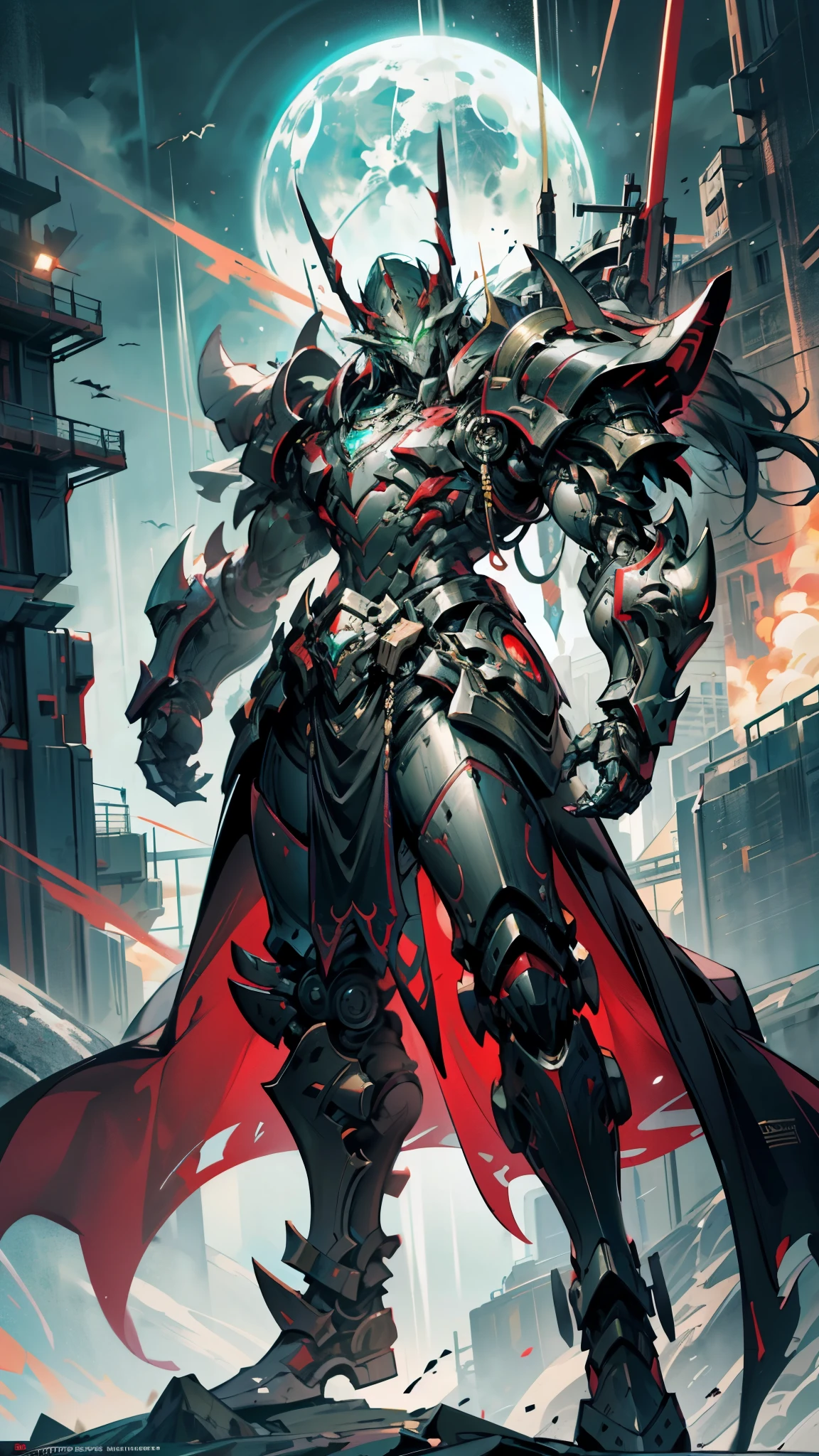 A man wearing a full-face helmet, a fantasy-style biotech armored combat suit, green eyes, (a composite layered chest armor), fully enclosed shoulder guards, matching arm and leg guards, the belt is adorned with fangs biting into orbs, (the color scheme is primarily black with red accents), the design balances heavy with agility, a high-tech bio-mecha armor, (Bat concept Armor, stand on the top of a skyscraper in a futuristic sci-fi city), this character embodies a finely crafted fantasy-surreal style armored hero in anime style, exquisite and mature manga art style, (element, plasma, energy, the armor glows), ((male:1.5)), metallic, real texture material, dramatic, high definition, best quality, highres, ultra-detailed, ultra-fine painting, extremely delicate, professional, perfect body proportions, golden ratio, anatomically correct, symmetrical face, extremely detailed eyes and face, high quality eyes, creativity, RAW photo, UHD, 32k, Natural light, cinematic lighting, masterpiece-anatomy-perfect, masterpiece:1.5