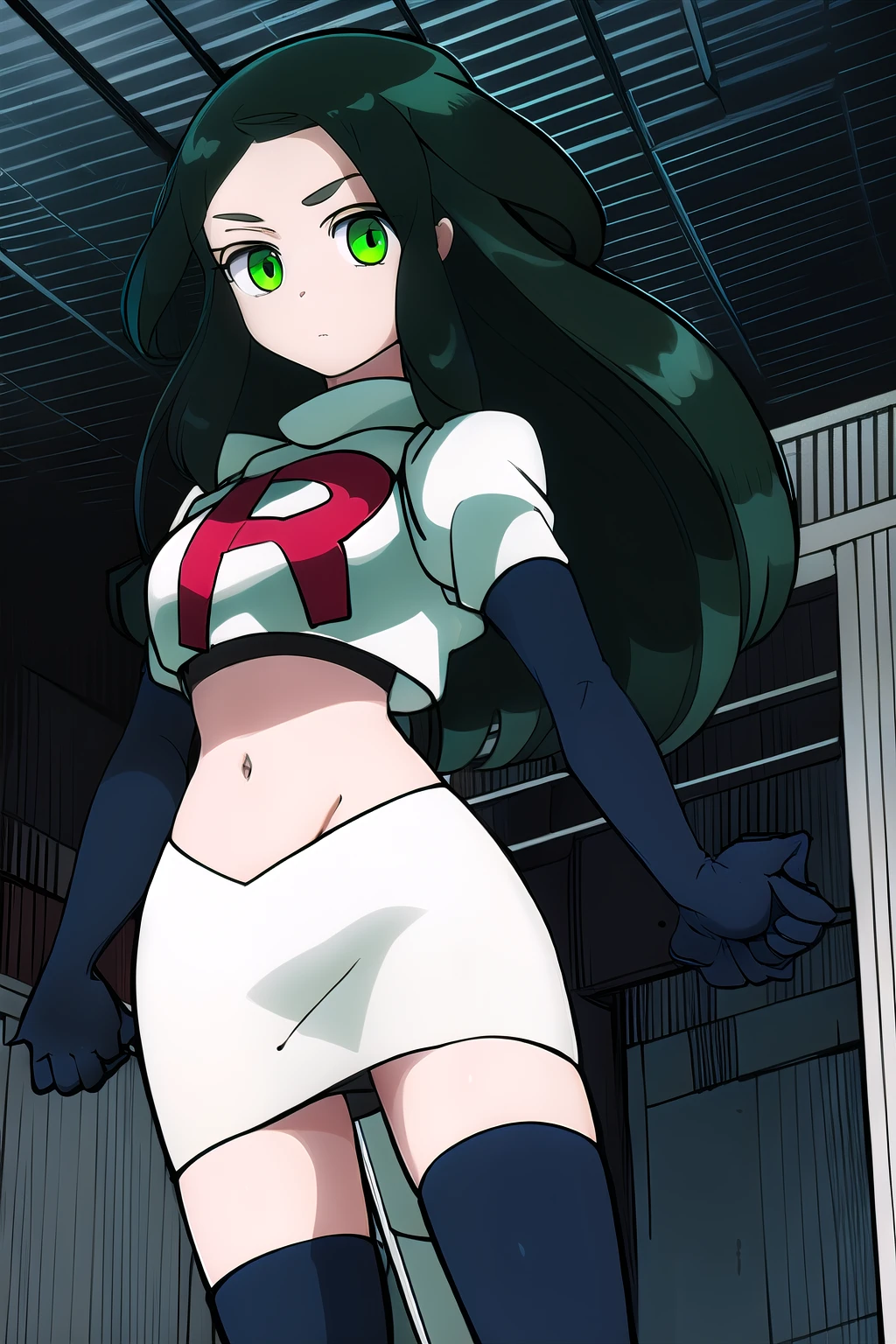 masterpiece, highly detailed, 1girl, utsutsu, green hair, green eyes, team rocket,team rocket uniform,white skirt,red letter R,crop top,black thigh-highs,black elbow gloves