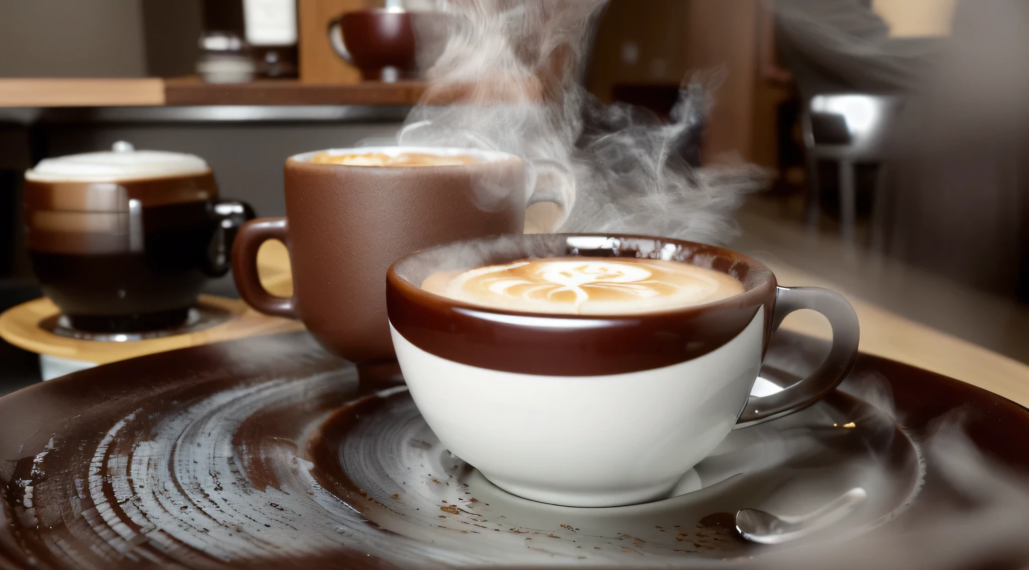 there is a cup of coffee on a plate with a spoon, two cups of coffee, steaming coffee, full of steaming coffee, coffee smell, hot coffee, enjoying coffee at a coffee shop, coffee cups, drink more coffee, cup of coffee, morning coffee, celebration of coffee products, coffee, sitting at a mocha-colored table, drinking coffee, coffee cup