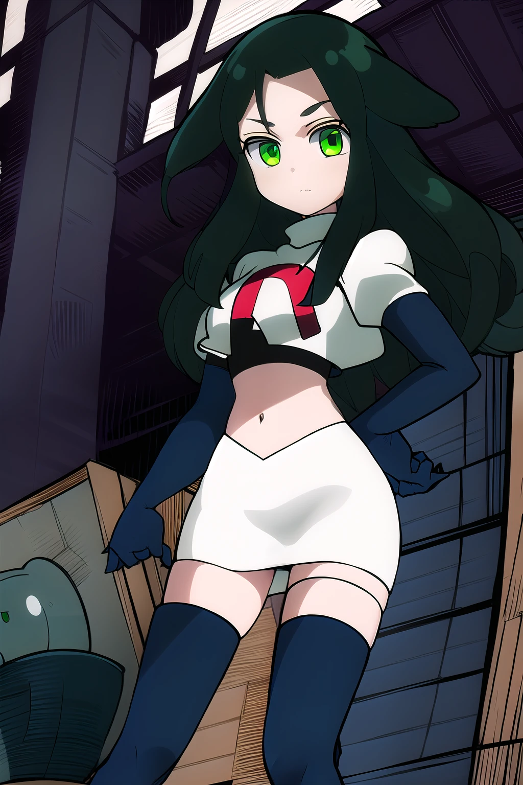 masterpiece, highly detailed, 1girl, utsutsu, green hair, green eyes, team rocket,team rocket uniform,white skirt,red letter R,crop top,black thigh-highs,black elbow gloves