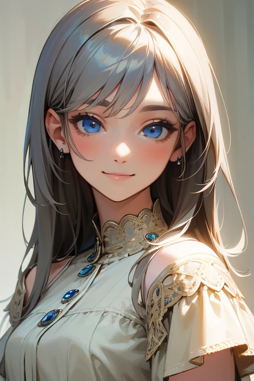 (masterpiece: 1.2, highest quality), (Actual Photos, Intricate details), 1. woman, alone, Upper Body, casual, Shoulder-length hair, Minimal makeup, Natural materials, Face close-up, smile, Home, Gray Hair, blue eyes, Shoulder Bare、優しいsmile、