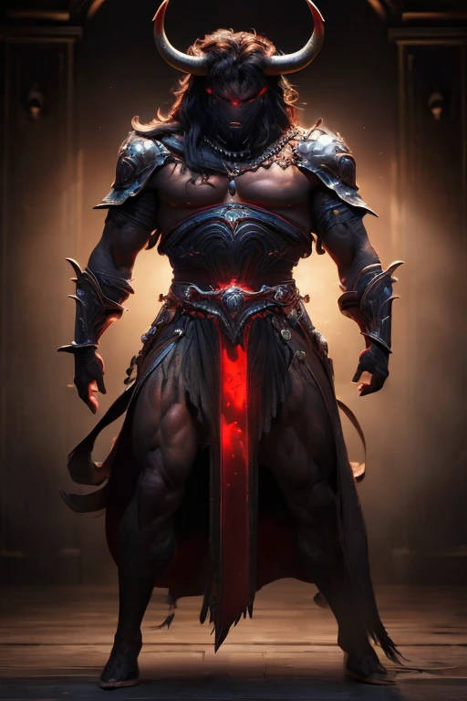 (master piece:1.5), (best quality:1.5), (exquisite lighting and shadow, highly dramatic picture, cinematic lens effect) (Photorealistic picture) highly detailed, realistic, cinematic lighting, studio quality, 8k, wallpaper, dynamic pose, anatomy correct, epic fantasy digital art, Epic composition, full body black Male red eyes were bull, bull head, minotaur