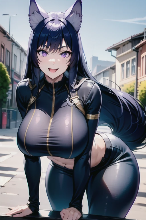 best quality, masterprice, 1girl, (solo:1.1), raytracing, ultra detailed,detailed face, 8k wallpaper, large breasts, gigantic breasts, smile, wide hips, outdoor, sitting, outdoor,  DeltaNDV, long hair, animal ears, purple eyes, bangs, wolf ears, looking at viewer, wolf tail, tight clothes, bent over, crop top, leggings, crazy smile, crazy eyes, showing her ass, six pack,