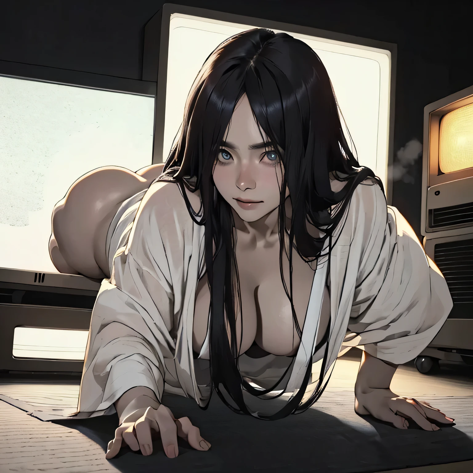 (masterpiece:1.3), (8k, Realistic, RAW Photos, highest quality: 1.4), (One Sadako), Beautiful Face, (Realistic Face), (Black hair straight, Long Hair:1.5), Beautiful hairstyle, ((The face is hidden by bangs:1.1)), Realistic eyes, ((White of the eyes:1.2)), Beautiful fine details, (Realistic Skin), Beautiful Skin, ((White skin:1.4)), Absurd, Charm, Ultra-high resolution, Ultra-realistic, Very detailed, Golden Ratio, (Curse Video), ((Crawling out of a CRT TV)), ((Cleavage)), (Big Ass), Four and a half tatami mat Japanese-style room, (steam:1.0)