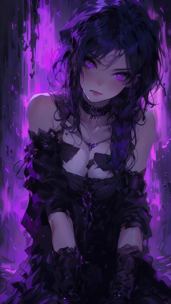 gothic girl with purple lights in a dark room, gothic maiden anime girl, dark fantasy style art, dreamy gothic girl, demon anime girl, gothic girl, 1 7 - year - old anime goth girl, goth girl, dark fantasy digital art, emo anime girl, dark fantasy art, fantasy dark art, artwork in the style of guweiz