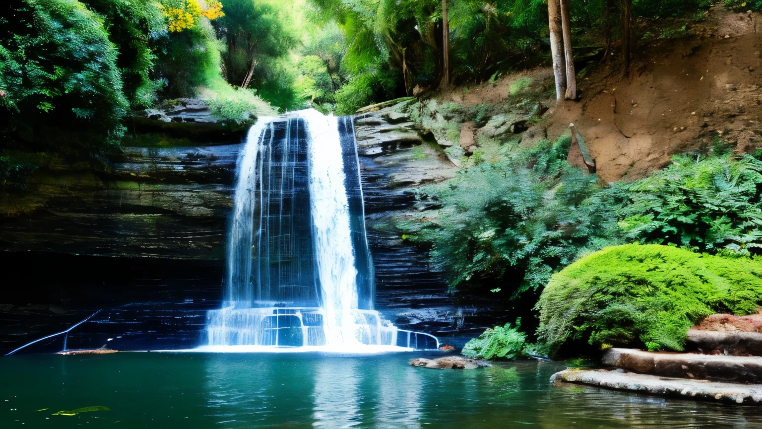 Ambiente y naturaleza de paz y amor, una cascada y un lago entre flores y una luz sublimeo camara canon lente de 50 mm