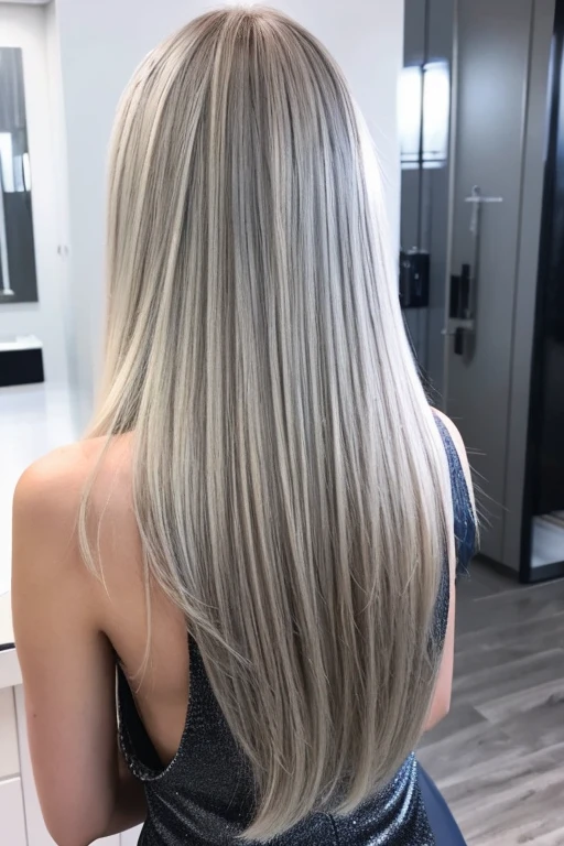 A slim woman with long blonde hair is standing in the room, seen from behind., Ash Blonde Hair, Beige Hair, アッシュブロンドのgreyがかった髪, grey, silver, Light brown hair, hair coloring, hair color, long gray-white hair, Light Hair, Thin and shiny hair, greyのブロンドの髪, 明るいgreyの髪, 8k)), Clean blonde hair, Dye your hair