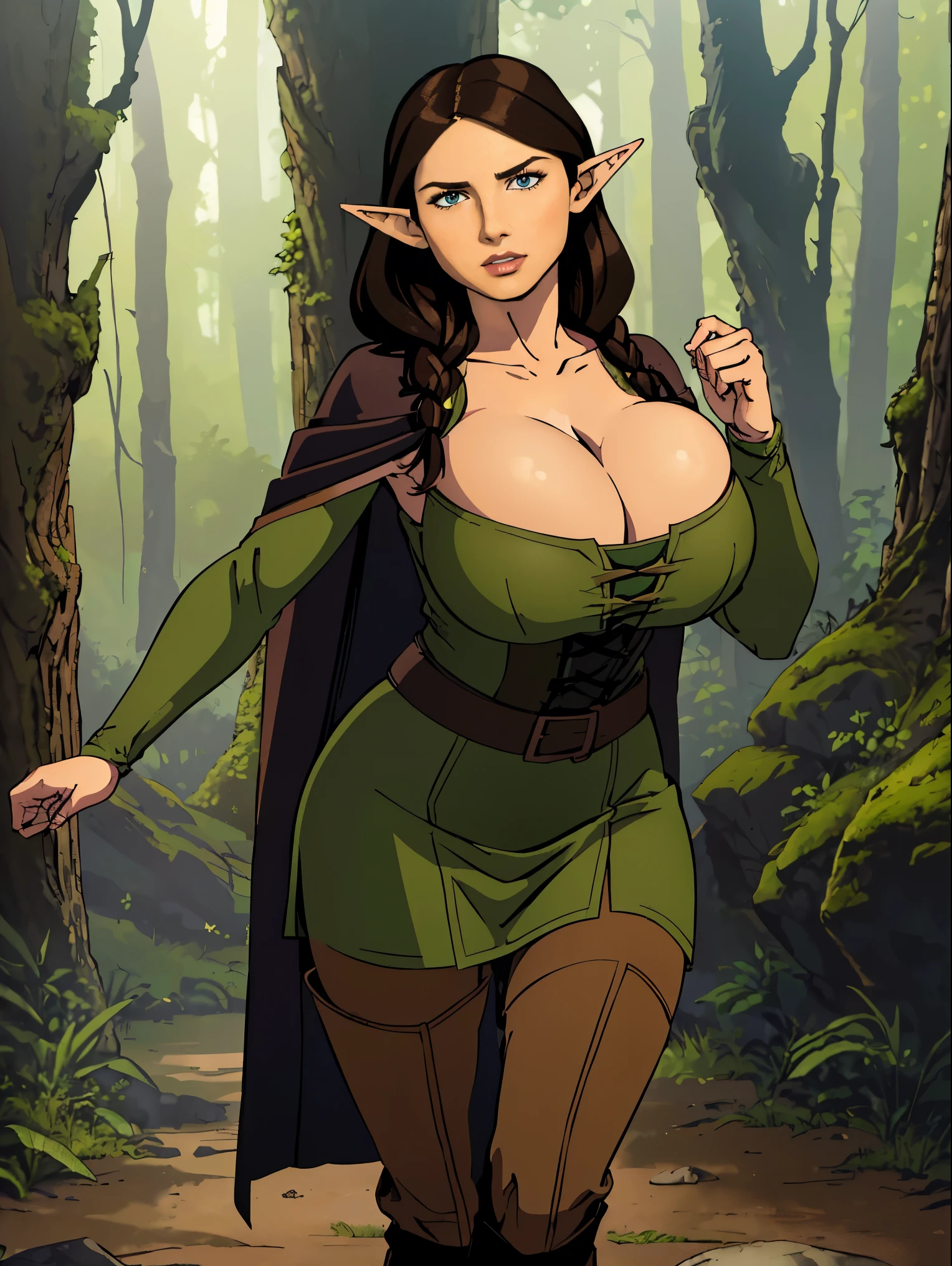 (masterpiece, top quality, best quality, official art, beautiful and aesthetic:1.2), (1girl:1.3), dark brown hair in a single braid, extremely detailed, portrait, looking at viewer, solo, (full body:0.6), detailed background, close up, cat eyes, (warm summer forest theme:1.1), elf ranger, charlatan, smirk, mysterious, walking in forest, revealing ranger attire, brown leather, cowl, cloak, corset, long boots, buckles, straps, pouches, bow and arrow, green fabric, brown leather, ((gigantic breasts, cleavage, skindentation)), slim waist, slim hips, long legs, medieval (forest exterior:1.1) background, dark mysterious lighting, shadows, magical atmosphere, dutch angle, (((balsamique)))