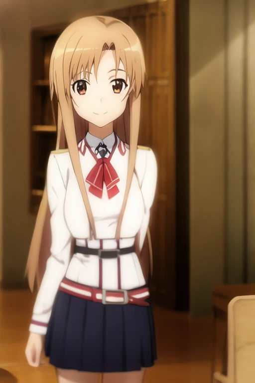 Asuna, Anime art style, One girl, alone, length_hair, skirt, Brown_hair, Brown_eye, very_length_hair, belt, Crossed_arms,smile