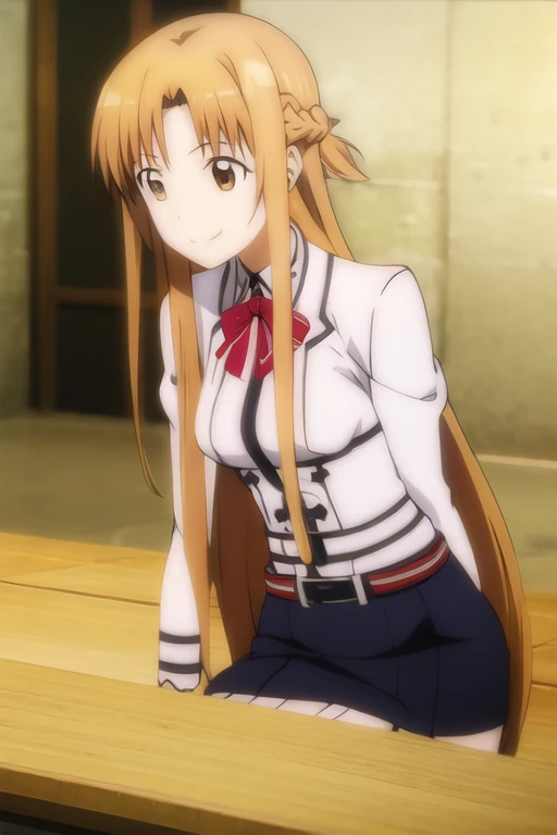 Asuna, Anime art style, One girl, alone, length_hair, skirt, Brown_hair, Brown_eye, very_length_hair, belt, Crossed_arms,smile
