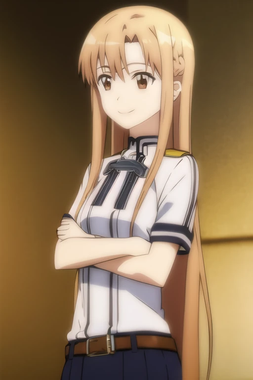 Asuna, Anime art style, One girl, alone, length_hair, skirt, Brown_hair, Brown_eye, very_length_hair, belt, Crossed_arms,smile