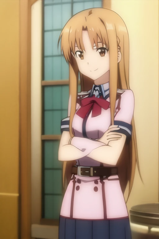 Asuna, Anime art style, One girl, alone, length_hair, skirt, Brown_hair, Brown_eye, very_length_hair, belt, Crossed_arms,smile