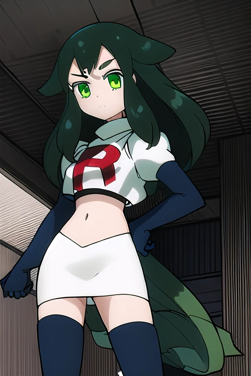 masterpiece, highly detailed, 1girl, utsutsu, green hair, green eyes, team rocket,team rocket uniform,white skirt,red letter R,crop top,black thigh-highs,black elbow gloves