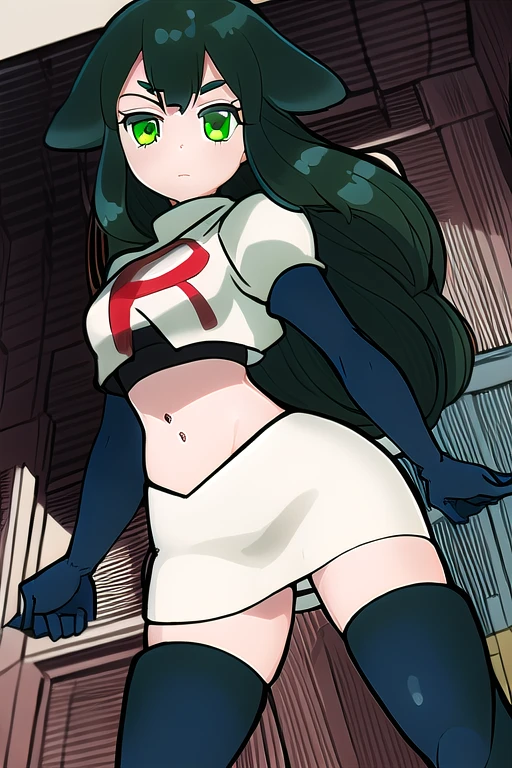 masterpiece, highly detailed, 1girl, utsutsu, green hair, green eyes, team rocket,team rocket uniform,white skirt,red letter R,crop top,black thigh-highs,black elbow gloves