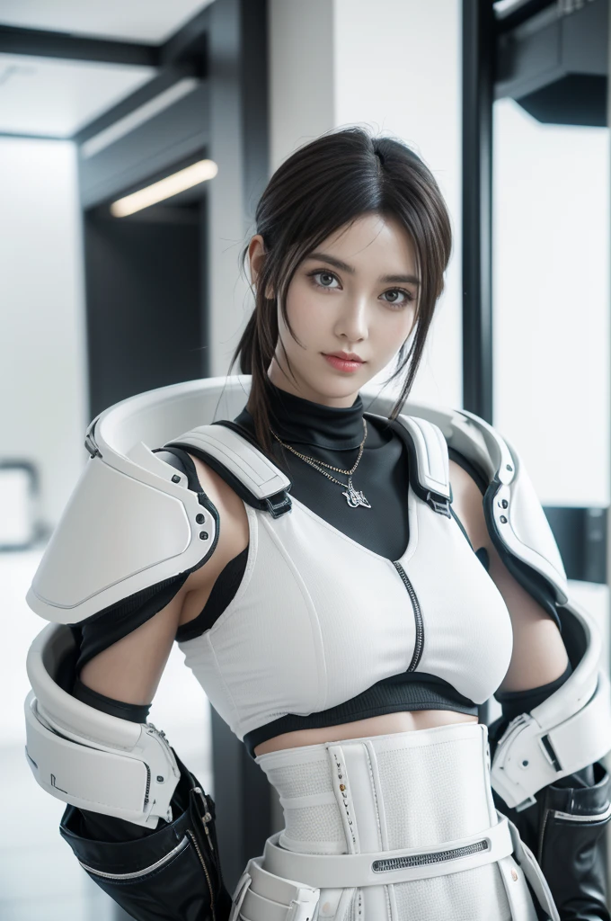 masterpiece,best quality,high resolution,8k,(portrait),((Head close-up)),real picture,Digital Photography,(Sci-fi style female home),20 year old girl,Feel free to hairstyle,By Bangs,(random color eyes),(Hair color is optional),Full breasts,cleveage,Elegance and nobility,Serious and indifferent,Open white coat,Black tube top,Rich details,shut your mouth,Exquisite decoration,Cyberpunk future style,(Female Scholars),White background,oc render reflection texture
