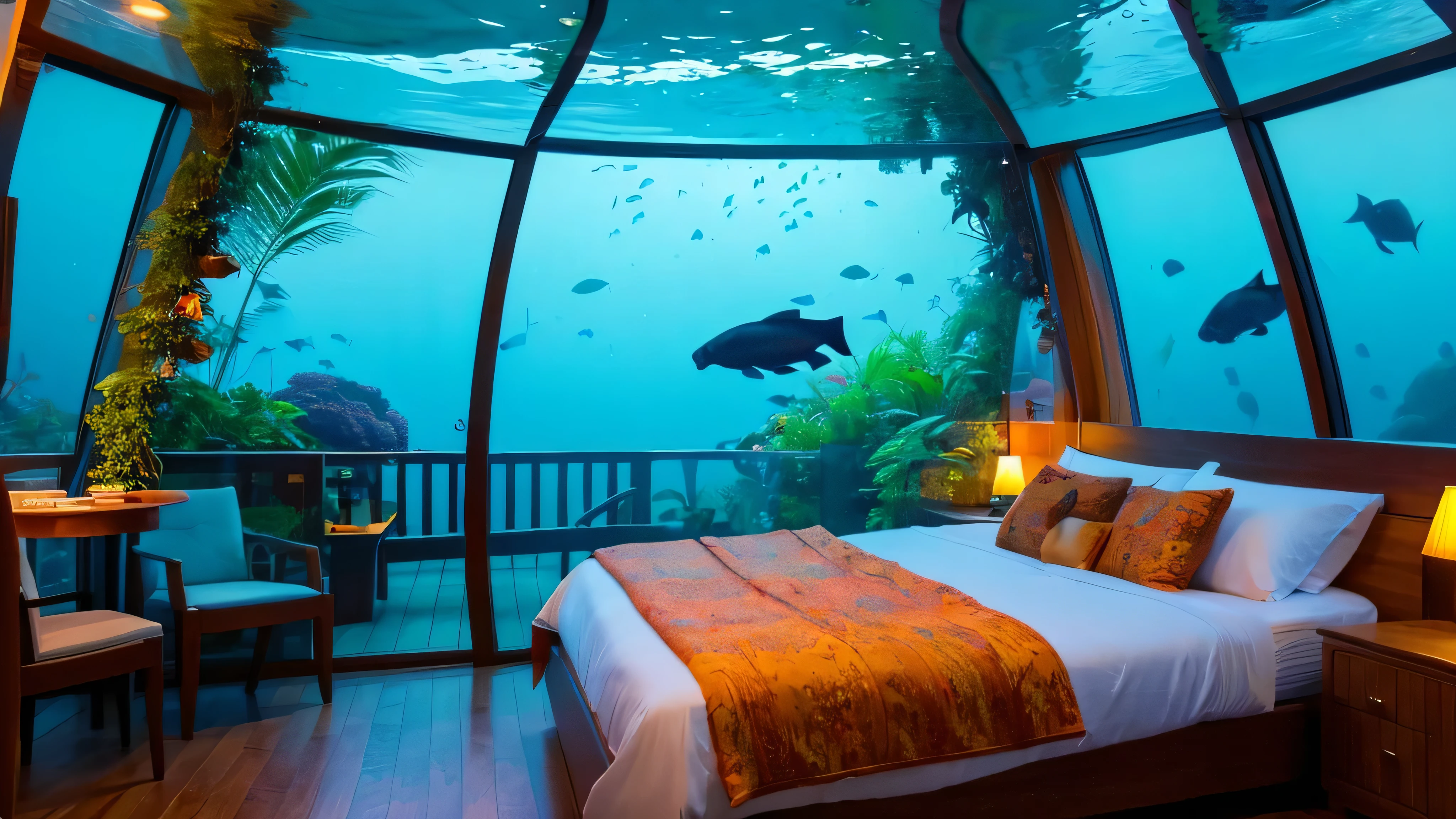((highest quality)), ((masterpiece)), (be familiar with), 4K, In the sea, deep sea, Rooms, View from the bed, Window, tropical fish, seabed, Domed window