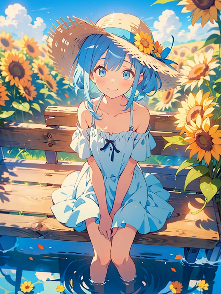 NSFW,masterpiece, best quality, (((color trale))),looking at viewer,aquamarine image,((short stature))
1girl, solo, open eyes,smile, standing,shoulder cutout, dress,((((blue hair)))),blue panty,green eyes,grim eyes, pigtail, blush, shortcut hair, white dress, clothing cutout, bangs, necklace, blurry, hand between legs, aquamarine background, between legs, bow, facing viewer, small breasts, bare shoulders, straw hat, day, collarbone, hair bow, short sleeves, feet out of frame, ribbon,on bench, depth of field, hair over shoulder,day, sky, aqua field,water,bright sky,sun flower