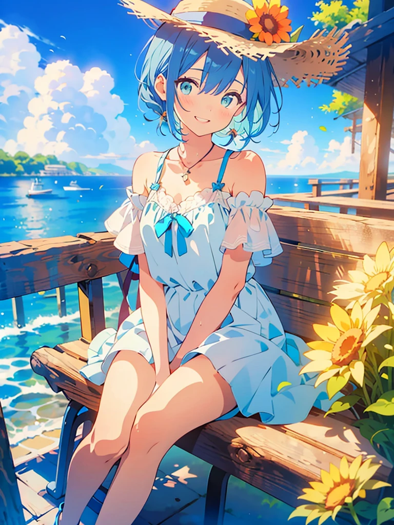 NSFW,masterpiece, best quality, (((color trale))),looking at viewer,aquamarine image,((short stature))
1girl, solo, open eyes,smile, standing,shoulder cutout, dress,((((blue hair)))),blue panty,green eyes,grim eyes, pigtail, blush, shortcut hair, white dress, clothing cutout, bangs, necklace, blurry, hand between legs, aquamarine background, between legs, bow, facing viewer, small breasts, bare shoulders, straw hat, day, collarbone, hair bow, short sleeves, feet out of frame, ribbon,on bench, depth of field, hair over shoulder,day, sky, aqua field,water,bright sky,sun flower
