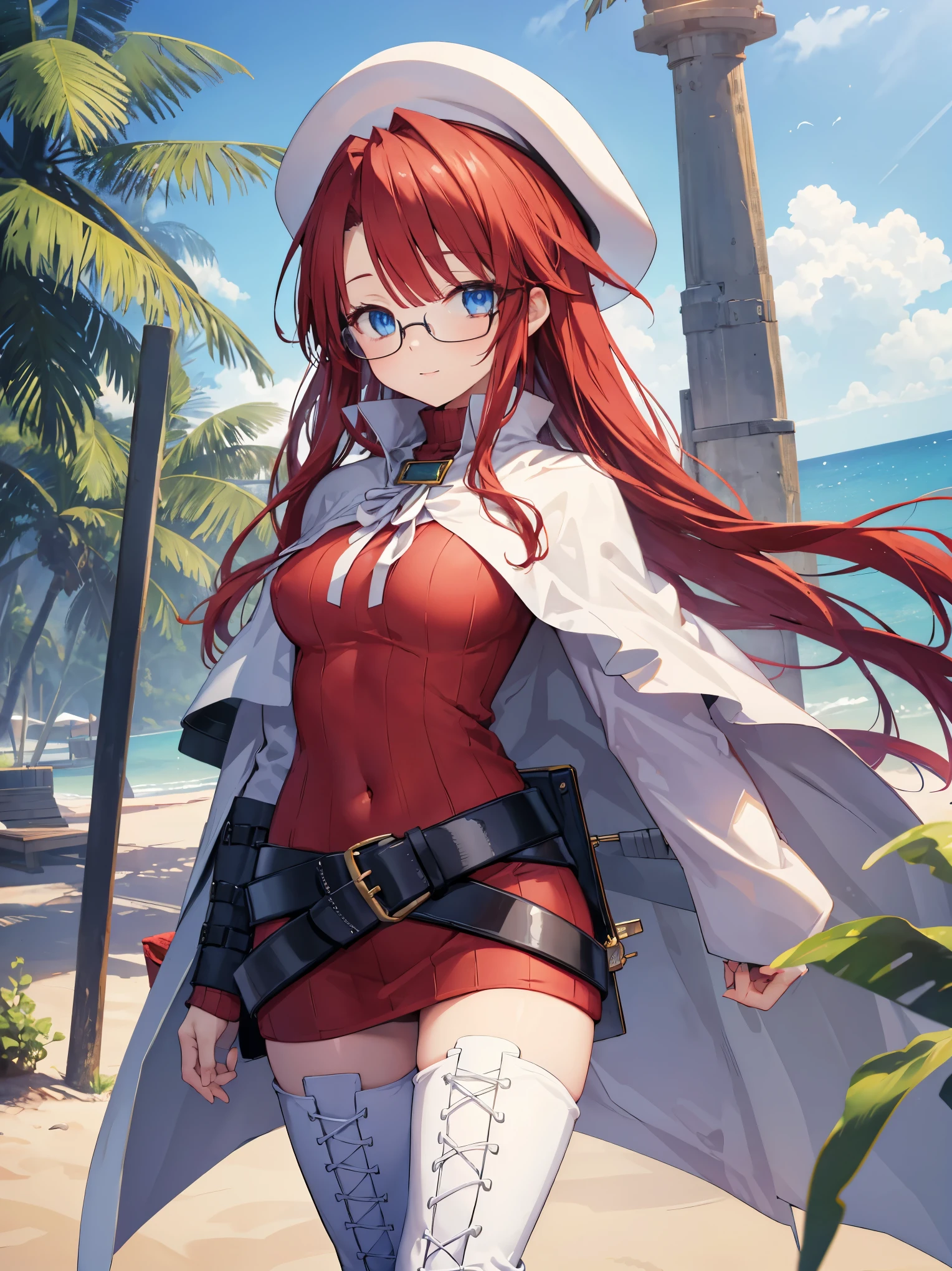 pov,nsfw,summonnightaty, aty, (young:1.3),long hair, blue eyes, red hair, beret, hat, glasses,
BREAK long hair, thighhighs, hat, dress, boots, glasses, belt, cape, sweater, zettai ryouiki, beret, thigh boots, white footwear, ribbed sweater, loose belt,solo,
BREAK outdoors, fantasy,
BREAK (masterpiece:1.2), best quality, high resolution, unity 8k wallpaper, (illustration:0.8), (beautiful detailed eyes:1.6), extremely detailed face, perfect lighting, extremely detailed CG, (perfect hands, perfect anatomy),covered_nipples,covered_navel,light_smile ,(half_eyes:1.4),sword,armpit,sleepy,dynamic_walking,barrel,red_sweater,apart_legs,magical_effect,spread_legs,light_open_mouth,solo,In beach,side_view