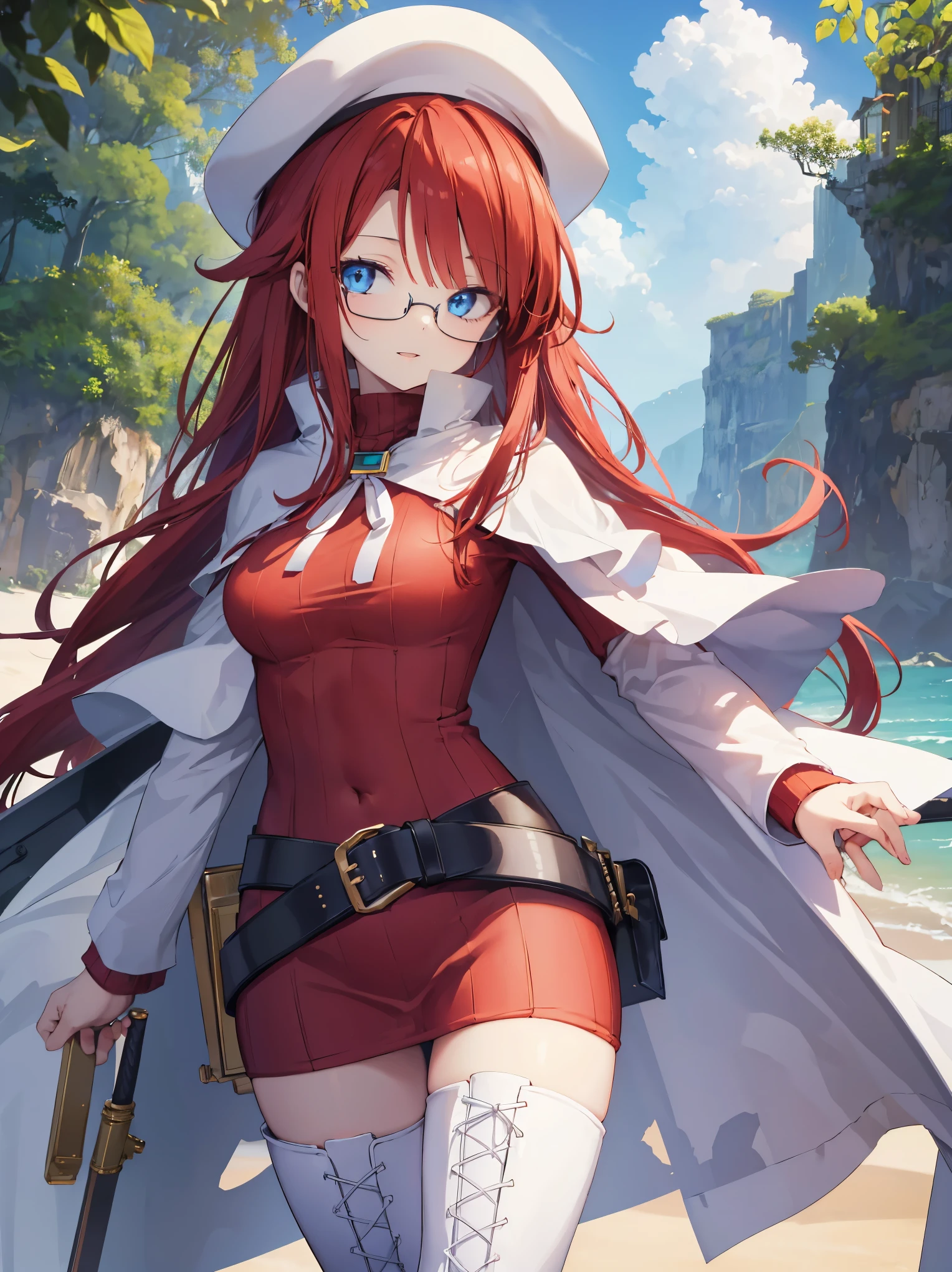 pov,nsfw,summonnightaty, aty, (young:1.3),long hair, blue eyes, red hair, beret, hat, glasses,
BREAK long hair, thighhighs, hat, dress, boots, glasses, belt, cape, sweater, zettai ryouiki, beret, thigh boots, white footwear, ribbed sweater, loose belt,solo,
BREAK outdoors, fantasy,
BREAK (masterpiece:1.2), best quality, high resolution, unity 8k wallpaper, (illustration:0.8), (beautiful detailed eyes:1.6), extremely detailed face, perfect lighting, extremely detailed CG, (perfect hands, perfect anatomy),covered_nipples,covered_navel,light_smile ,(half_eyes:1.4),sword,armpit,sleepy,dynamic_walking,barrel,red_sweater,apart_legs,magical_effect,spread_legs,light_open_mouth,solo,In beach,side_view