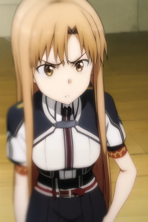 Asuna, Anime art style, One girl, alone, length_hair, skirt, Brown_hair, Brown_eye, very_length_hair, belt, Crossed_arms,Angry face